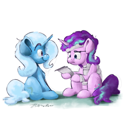 Size: 2000x2000 | Tagged: safe, artist:rigbyh00ves, starlight glimmer, trixie, pony, unicorn, g4, atg 2020, bandage, duo, female, high res, mare, newbie artist training grounds, sitting
