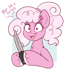 Size: 554x577 | Tagged: safe, artist:lulubell, oc, oc only, oc:candy floss, pony, knife, magical lesbian spawn, offspring, parent:fluttershy, parent:pinkie pie, parents:flutterpie, solo, threatening