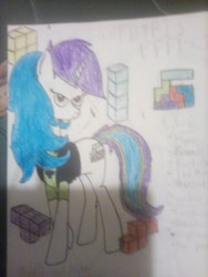 Size: 1200x1600 | Tagged: safe, artist:professorventurer, oc, oc only, oc:tetris effect, pony, unicorn, pony town, blurry, female, long legs, low quality, mare, photo, reference sheet, rule 85, solo, tetris, traditional art