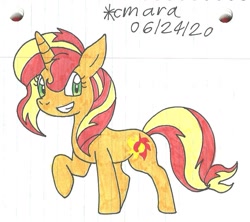 Size: 1020x905 | Tagged: safe, artist:cmara, sunset shimmer, pony, unicorn, g4, cute, female, looking at you, mare, raised hoof, shimmerbetes, smiling, smiling at you, solo, traditional art