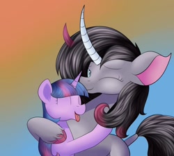 Size: 1280x1152 | Tagged: safe, artist:huffy26, oleander (tfh), twilight sparkle, classical unicorn, pony, unicorn, them's fightin' herds, g4, atg 2020, awwleander, cloven hooves, community related, cute, eyes closed, horn, hug, leonine tail, newbie artist training grounds, one eye closed, open mouth, smiling, square crossover, tongue out, twiabetes, unshorn fetlocks