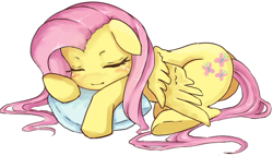 Size: 603x345 | Tagged: safe, artist:d-tomoyo, artist:leomoon, fluttershy, pegasus, pony, g4, blushing, cute, eyes closed, female, floppy ears, mare, pillow, shyabetes, simple background, sleeping, solo, white background, wings