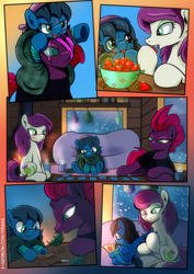 Size: 2481x3508 | Tagged: safe, artist:dsana, fizzlepop berrytwist, tempest shadow, oc, oc:lullaby dusk, oc:thistledown, earth pony, pegasus, pony, unicorn, comic:a storm's lullaby, g4, awww, book, broken horn, card game, cloak, clothes, comic, cute, female, filly, food, high res, horn, knife, mare, one eye covered, scar, snow, snowfall, strawberry, wholesome
