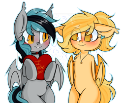 Size: 2316x1934 | Tagged: safe, artist:thieftea, oc, oc only, bat pony, bipedal, couple, jewelry, love, necklace, shipping, simple background, transparent background
