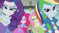 Size: 1280x720 | Tagged: safe, screencap, applejack, fluttershy, pinkie pie, rainbow dash, rarity, a case for the bass, equestria girls, g4, my little pony equestria girls: rainbow rocks, angry, bracelet, button-up shirt, clothes, cracking knuckles, crossed arms, denim skirt, female, glare, hand on hip, humane five, jewelry, sad, shirt, skirt, teenager, wristband