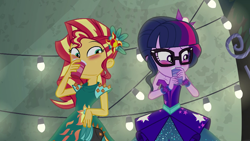 Size: 1280x720 | Tagged: safe, screencap, sci-twi, sunset shimmer, twilight sparkle, equestria girls, g4, my little pony equestria girls: legend of everfree, bare shoulders, blushing, clothes, dress, duo, duo female, female, holding shoes, shoes, sleeveless, strapless