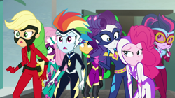 Size: 1280x718 | Tagged: safe, screencap, applejack, fili-second, fluttershy, mane-iac, mistress marevelous, pinkie pie, radiance, rainbow dash, rarity, saddle rager, sci-twi, sunset shimmer, twilight sparkle, zapp, equestria girls, equestria girls specials, g4, my little pony equestria girls: movie magic, clothes, costume, female, geode of super speed, geode of telekinesis, humane five, humane seven, humane six, magical geodes, masked matter-horn costume, power ponies, wig