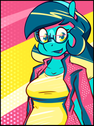 Size: 458x609 | Tagged: safe, artist:whatsapokemon, oc, oc:wishful thought, earth pony, anthro, abstract background, bust, clothes, colorful, glasses, open mouth