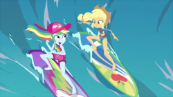 Size: 1280x720 | Tagged: safe, screencap, applejack, rainbow dash, blue crushed, equestria girls, g4, my little pony equestria girls: better together, cap, female, geode of super speed, geode of super strength, hat, lesbian, magical geodes, shipping, smiling, surfboard, surfing, wave