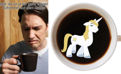 Size: 810x491 | Tagged: safe, prince blueblood, human, pony, unicorn, g4, coffee, german, irl, irl human, male, meme, mug, photo, stallion, stock image