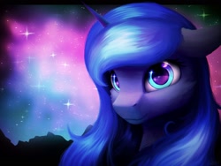 Size: 1920x1440 | Tagged: safe, artist:itssim, princess luna, alicorn, pony, g4, bust, eye reflection, female, floppy ears, light, looking at you, mare, night, portrait, reflection, smiling, smiling at you, solo, stars, three quarter view