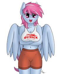 Size: 1000x1200 | Tagged: safe, artist:ponynamedmixtape, oc, oc only, oc:evening skies, pegasus, anthro, breasts, clothes, crossed arms, female, short shirt, shorts, simple background, solo, tomboy, tomboy outback, transparent background
