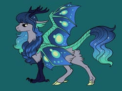 Size: 1024x768 | Tagged: safe, artist:loryska, oc, oc only, hybrid, ethereal mane, green background, interspecies offspring, offspring, parent:cosmos, parents:canon x oc, simple background, solo