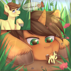 Size: 3000x3000 | Tagged: safe, artist:beer_cock, oc, oc only, oc:amber shine, oc:tomson, butterfly, earth pony, pony, unicorn, amson, high res, micro, smol, tiny, tiny ponies, unaware