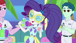 Size: 1280x720 | Tagged: safe, screencap, beau tide, nantucket flyer, rarity, equestria girls, g4, i'm on a yacht, my little pony equestria girls: better together, clothes, cruise ship staff, cute, dress, female, male, one eye closed, raribetes, sunglasses, wink