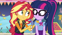 Size: 1920x1080 | Tagged: safe, screencap, sci-twi, sunset shimmer, twilight sparkle, equestria girls, equestria girls series, g4, rollercoaster of friendship, duo, duo female, female, geode of empathy, geode of telekinesis, magical geodes, ticket