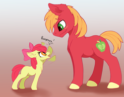 Size: 1725x1346 | Tagged: safe, artist:wbp, derpibooru exclusive, apple bloom, big macintosh, earth pony, pony, g4, adorabloom, boop, brother and sister, colored hooves, cute, dialogue, duo, ear fluff, female, filly, floppy ears, freckles, gradient background, macabetes, male, shadow, siblings, simple background, stallion, waving
