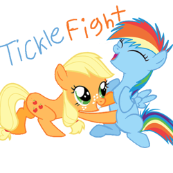 Size: 512x512 | Tagged: safe, artist:princessdestiny200i, applejack, rainbow dash, earth pony, pegasus, pony, cute, dashabetes, eyes closed, female, filly, filly applejack, filly rainbow dash, freckles, grin, jackabetes, laughing, open mouth, simple background, smiling, tickle fight, tickle torture, tickling, white background, younger