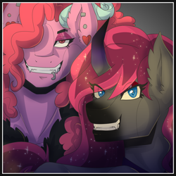 Size: 3000x3000 | Tagged: safe, artist:azrealrou, oc, oc only, oc:crimson heart, oc:wonderland, draconequus, pony, unicorn, duo, ethereal mane, eye clipping through hair, female, hair over one eye, high res, interspecies offspring, lip piercing, looking at you, mare, offspring, parent:discord, parent:pinkie pie, parent:princess cadance, parent:shining armor, parents:discopie, parents:shiningcadance, piercing, sharp teeth, starry mane, teeth