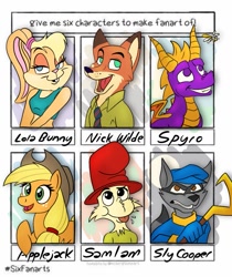 Size: 869x1036 | Tagged: safe, artist:blakethefox, applejack, dragon, earth pony, fox, pony, rabbit, raccoon, anthro, g4, :p, animal, anthro with ponies, bedroom eyes, bust, clothes, crossover, female, freckles, green eggs and ham, hat, lola bunny, looney tunes, male, mare, necktie, nick wilde, open mouth, sam-i-am, six fanarts, sly cooper, smiling, spyro the dragon, spyro the dragon (series), tongue out, top hat, zootopia