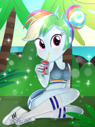 Size: 1800x2400 | Tagged: safe, artist:artmlpk, rainbow dash, equestria girls, g4, adorable face, adorasexy, adorkable, alternate hairstyle, beach, beautiful, blushing, bra, bush, clothes, confused, converse, crop top bra, cute, dashabetes, design, dork, female, grass, hair bun, kool-aid, looking at you, midriff, ocean, outfit, palm tree, plant, rainbow dash always dresses in style, rock, sexy, shoes, shorts, sleeveless, sneakers, socks, solo, thigh highs, tree, underwear, water, watermark