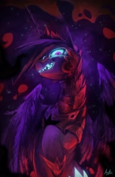 Size: 2650x4096 | Tagged: safe, artist:anticular, twilight sparkle, alicorn, pony, g4, armor, fangs, female, glowing eyes, horn, looking at you, mare, nightmare, nightmare twilight, nightmarified, princess, sharp teeth, solo, teeth, twilight sparkle (alicorn)