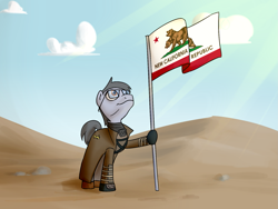Size: 1653x1240 | Tagged: safe, artist:dalbek, oc, oc only, oc:silver bristle, earth pony, pony, desert, fallout, flag, glasses, holding, looking up, male, ncr, necktie, smiling, solo, stallion, sunlight, wasteland