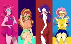 Size: 1890x1182 | Tagged: safe, artist:5mmumm5, fluttershy, pinkie pie, rarity, sunset shimmer, equestria girls, g4, alternate hairstyle, braid, braided pigtails, clothes, crossover, cute, dress, eyes closed, female, glasses, k-pop, looking at you, mamamoo, one eye closed, open mouth, parody, pigtails, sitting, skirt, song in the comments, sunglasses, wink, yes i am