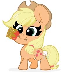 Size: 1700x2000 | Tagged: safe, artist:kittyrosie, applejack, earth pony, pony, g4, caramel apple (food), cute, female, food, jackabetes, mare, mouth hold, simple background, smiling, solo, white background