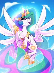 Size: 2459x3336 | Tagged: safe, artist:nekosnicker, princess celestia, alicorn, pony, backlighting, chest fluff, cloud, crown, female, flying, high res, jewelry, looking at you, mare, open mouth, profile, regalia, sky, solo, spread wings, wings