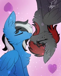 Size: 800x1000 | Tagged: safe, artist:kayla, oc, oc:bronylicous, oc:dicemare, pegasus, pony, black and white, blue, card, cute, digital art, eyes closed, female, freckles, grayscale, heart, kissing, love, male, mare, monochrome, pegasus oc, pink background, shading, shipping, simple background, sitting, stallion, upside down, wings