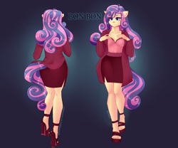 Size: 6000x5000 | Tagged: safe, artist:xjenn9, bon bon, sweetie drops, earth pony, anthro, plantigrade anthro, g4, clothes, commission, commissioner:endbringer99, feet, female, high heels, open-toed shoes, pencil skirt, reference sheet, shoes, skirt, solo, toes