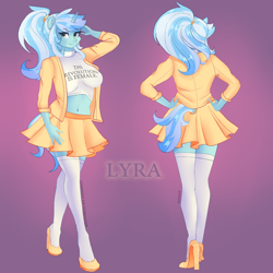Size: 4000x4000 | Tagged: safe, artist:xjenn9, lyra heartstrings, anthro, g4, clothes, commissioner:endbringer99, female, feminist, hand on hip, high heels, mare, midriff, pleated skirt, ponytail, reference sheet, shoes, skirt, socks, solo, stupid sexy lyra, thigh highs, zettai ryouiki