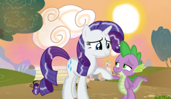 Size: 1239x720 | Tagged: safe, rarity, spike, pony, g4, female, male, ship:sparity, shipping, straight, sunset