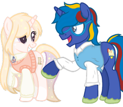 Size: 600x524 | Tagged: safe, artist:emeriss96, oc, oc:astral mythos, oc:glistening stars, pony, unicorn, clothes, female, glasses, looking at each other, male, smiling, standing