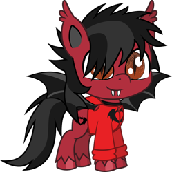 Size: 1015x1020 | Tagged: safe, artist:lightningbolt, derpibooru exclusive, bat pony, pony, g4.5, my little pony: pony life, .svg available, bat wings, clandestine industries, clothes, ear fluff, fall out boy, fangs, hair over one eye, hood, hoodie, male, pete wentz, ponified, shirt, show accurate, simple background, slit pupils, solo, spread wings, stallion, svg, transparent background, undershirt, unshorn fetlocks, vector, wings