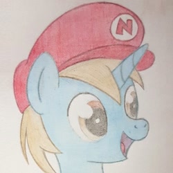 Size: 512x512 | Tagged: artist needed, safe, oc, oc only, pony, unicorn, bust, cap, hat, horn, mario's hat, open mouth, smiling, solo, super mario bros., traditional art, unicorn oc