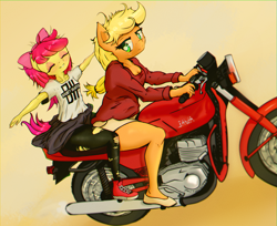 Size: 2090x1702 | Tagged: safe, artist:mistleinn, apple bloom, applejack, earth pony, pony, anthro, g4, blonde hair, breasts, clothes, duo, eyes closed, female, green eyes, motorcycle, pantyhose, pink hair, shorts, siblings, simple background, sisters, sweater