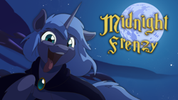 Size: 2880x1620 | Tagged: safe, artist:lionheartcartoon, princess luna, alicorn, pony, g4, cape, choice, clothes, cute, female, filly, insanity, lunabetes, midnight frenzy, moon, night, solo, song in the description, tongue out, woona, younger