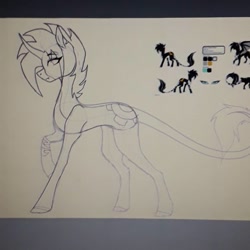 Size: 1080x1080 | Tagged: safe, artist:0pika-chan0, oc, oc only, oc:shadow heart, pony, unicorn, curved horn, horn, leonine tail, lineart, raised hoof, reference sheet, solo, traditional art, unicorn oc