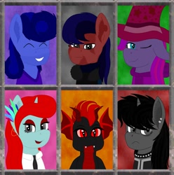 Size: 1381x1392 | Tagged: safe, artist:zethbsoul, oc, oc:"heavy", oc:blueberry violet, oc:cranberry violet, oc:hope fire, oc:yvonne redfeather, alicorn, dragon, earth pony, pegasus, pony, clothes, collage