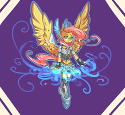 Size: 4000x3700 | Tagged: safe, artist:tomat-in-cup, fluttershy, pegasus, anthro, unguligrade anthro, g4, abstract background, armor, clothes, female, fingerless gloves, gloves, looking away, looking down, outline, skirt, solo, spread wings, windswept hair, wings