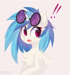 Size: 3828x4096 | Tagged: safe, artist:melloncollie-chan, dj pon-3, vinyl scratch, pony, unicorn, g4, bust, chest fluff, female, high res, open mouth, pink eyes, portrait, simple background, solo, surprised