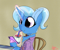 Size: 2834x2362 | Tagged: safe, artist:jubyskylines, trixie, pony, unicorn, g4, alicorn amulet, bubble tea, cellphone, female, high res, phone, ponytail, sipping, smartphone, solo