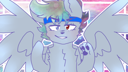 Size: 2560x1440 | Tagged: safe, artist:shinningblossom12, oc, oc only, oc:shinning blossom, hybrid, pony, wolf, wolf pony, abstract background, bust, chest fluff, fusion, headband, heterochromia, male, paw pads, paws, spread wings, underpaw, wings