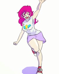 Size: 1080x1350 | Tagged: safe, artist:killofkama, pinkie pie, human, g4, :d, clothes, converse, cutie mark, cutie mark on clothes, eyes closed, female, humanized, running, shoes, simple background, skirt, smiling, solo, waving, white background