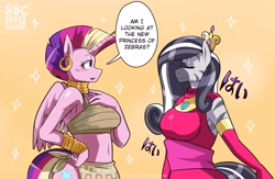 Size: 3260x2121 | Tagged: safe, artist:traupa, princess cadance, zecora, alicorn, zebra, anthro, alternate hairstyle, belly button, big breasts, bracelet, breasts, busty princess cadance, busty zecora, clothes swap, crown, ear piercing, earring, eyes closed, japanese, jewelry, mane swap, open mouth, piercing, regalia, simple background, speech bubble, style change, sudden style change, yellow background