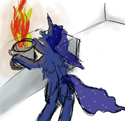 Size: 3103x3000 | Tagged: safe, artist:frostclaw, princess luna, alicorn, pony, g4, atg 2020, cooking, fire, high res, newbie artist training grounds, sketch