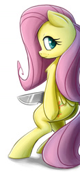 Size: 923x1975 | Tagged: safe, artist:ikarooz, fluttershy, pegasus, pony, g4, atg 2020, bipedal, butt, chest fluff, female, knife, looking at you, looking back, looking back at you, mare, newbie artist training grounds, plot, profile, simple background, smiling, solo, white background