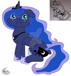 Size: 1920x2067 | Tagged: safe, artist:savannah-london, princess luna, alicorn, pony, g4, art, colored, colored sketch, crown, crying, cute, deviantart watermark, female, floppy ears, hoof shoes, jewelry, logo, looking at you, lunabetes, mare, necklace, obtrusive watermark, regalia, sad, sadorable, simple background, sitting, solo, teary eyes, watermark, white background